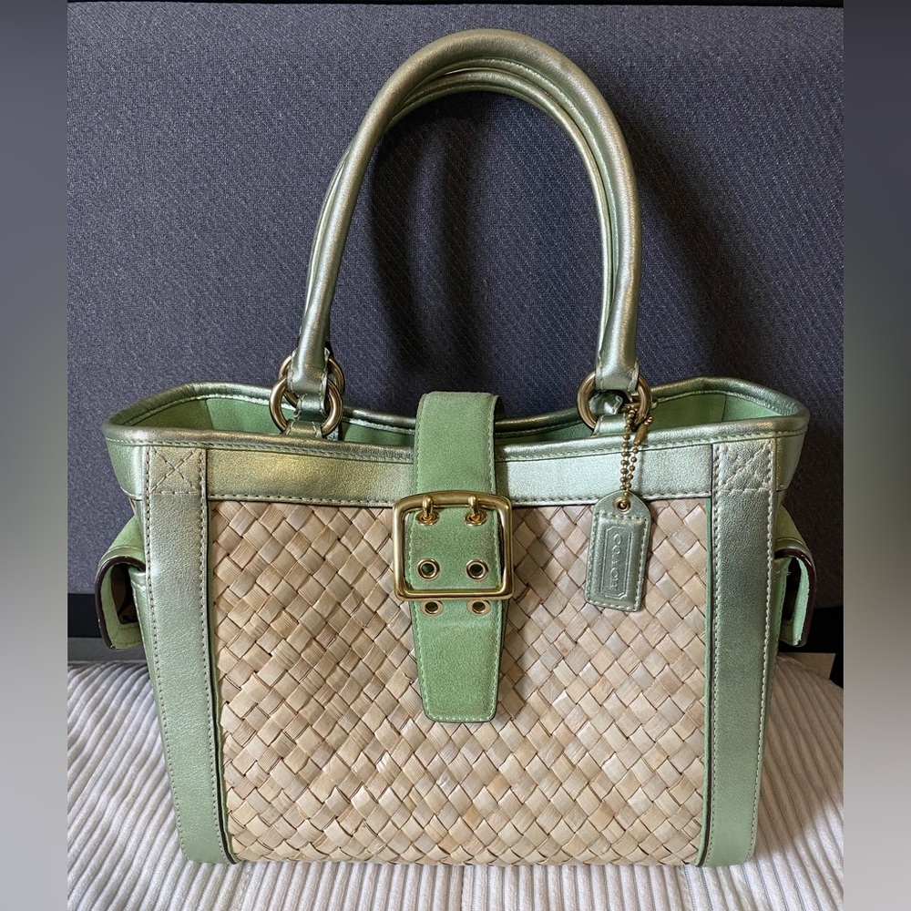 Y2K Coach Woven Straw Green Metallic Leather
Suede Satchel w/ Wireless Headphone